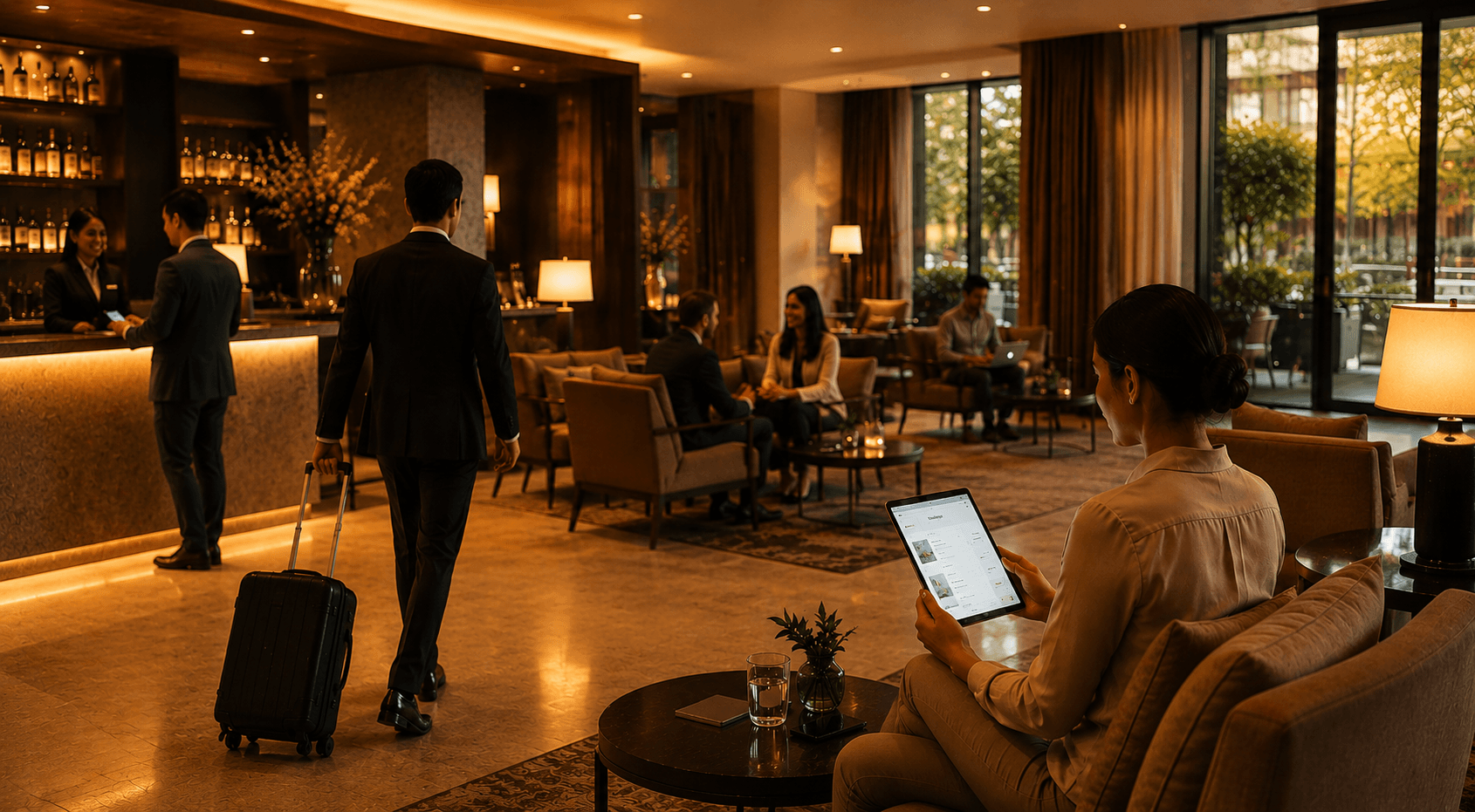 Luxury hotel lobby representing Primi's focus on hospitality technology